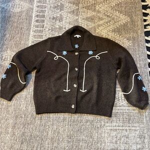 Chic Brown Western Cardigan with Blue Floral Accents